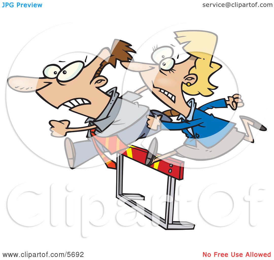 Man and Woman Jumping a Hurdle Obstacle During a Race Clipart Illustration  by toonaday #5692