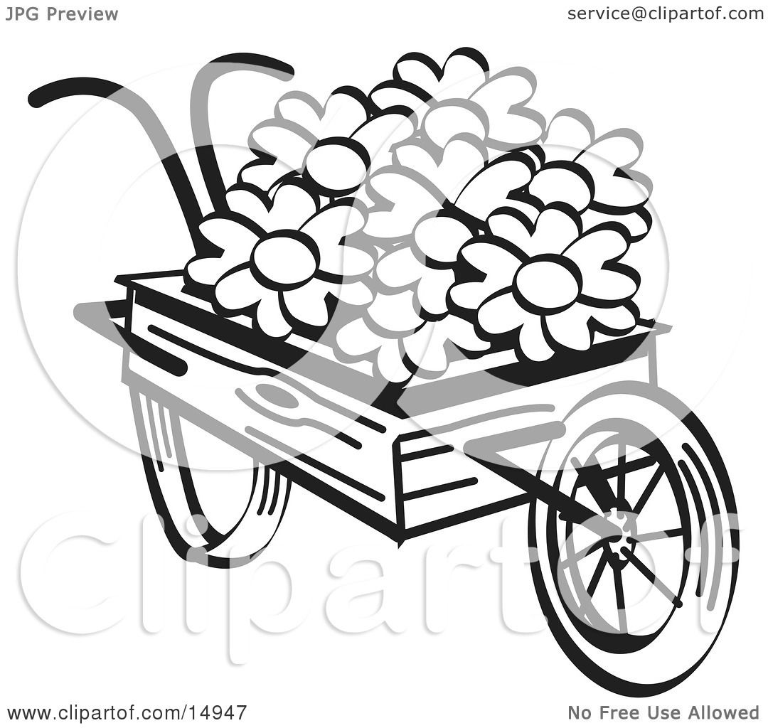 Download Old Fashioned Wooden Wheelbarrow With Pretty Daisy Flowers On Easter, Black and White Clipart ...