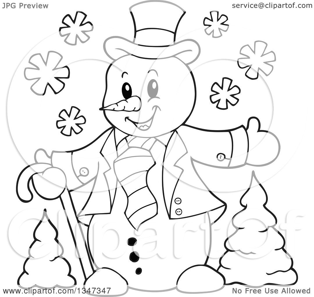 Outline Clipart of a Cartoon Black and White Christmas Snowman Welcoming over Trees - Royalty ...