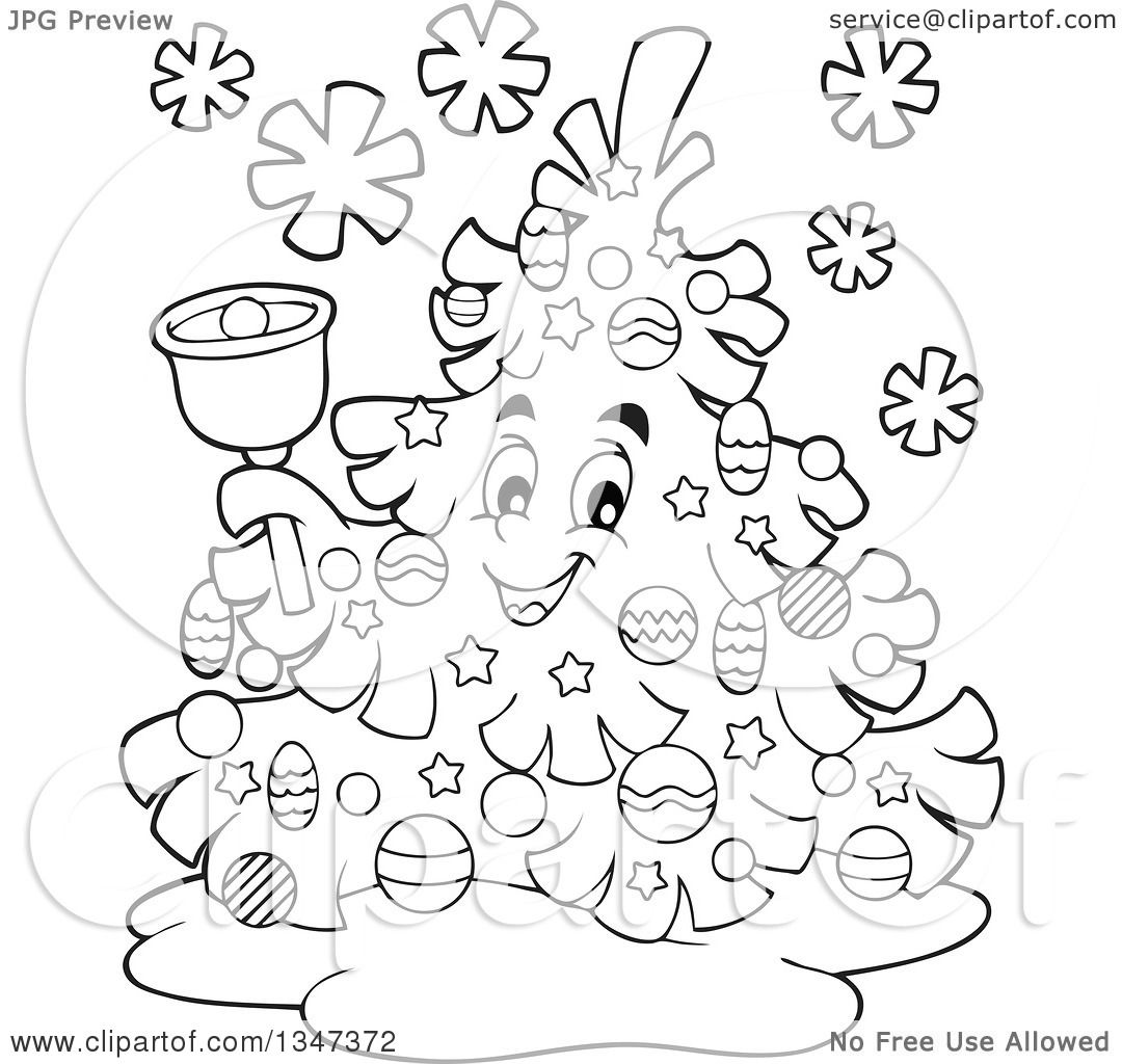 Outline Clipart of a Cartoon Black and White Christmas Tree Character