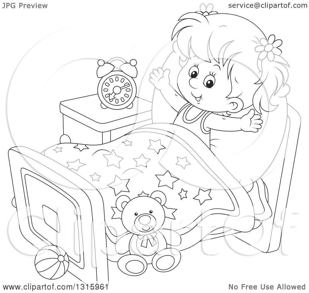 Outline Clipart Of A Cartoon Black And White Girl Stretching In