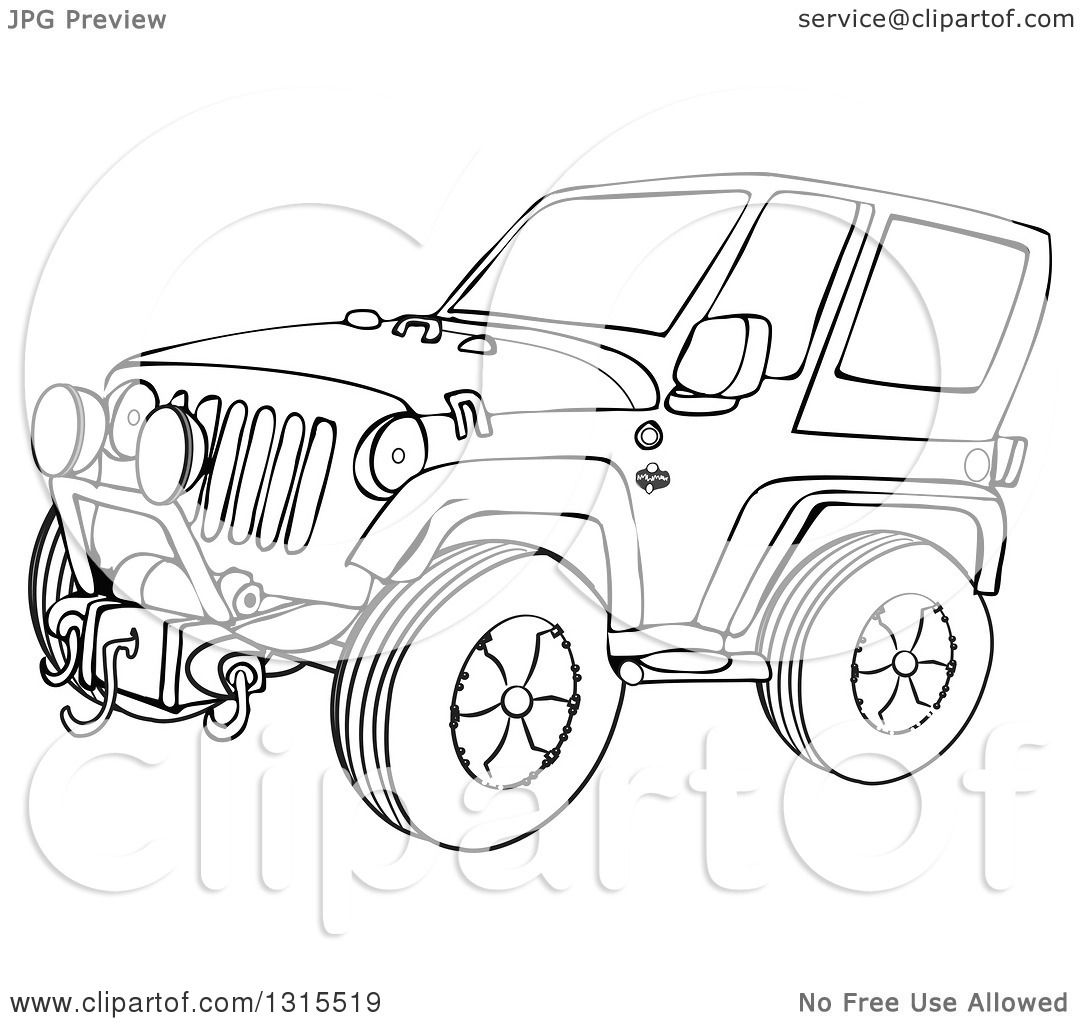 Outline Clipart of a Cartoon Black and White Jeep Wrangler SUV on Rocks -  Royalty Free Lineart Vector Illustration by djart #1315519