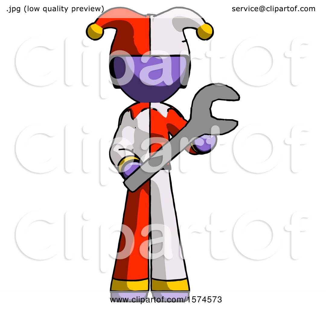 Purple Jester Joker Man Holding Large Wrench with Both Hands by Leo ...