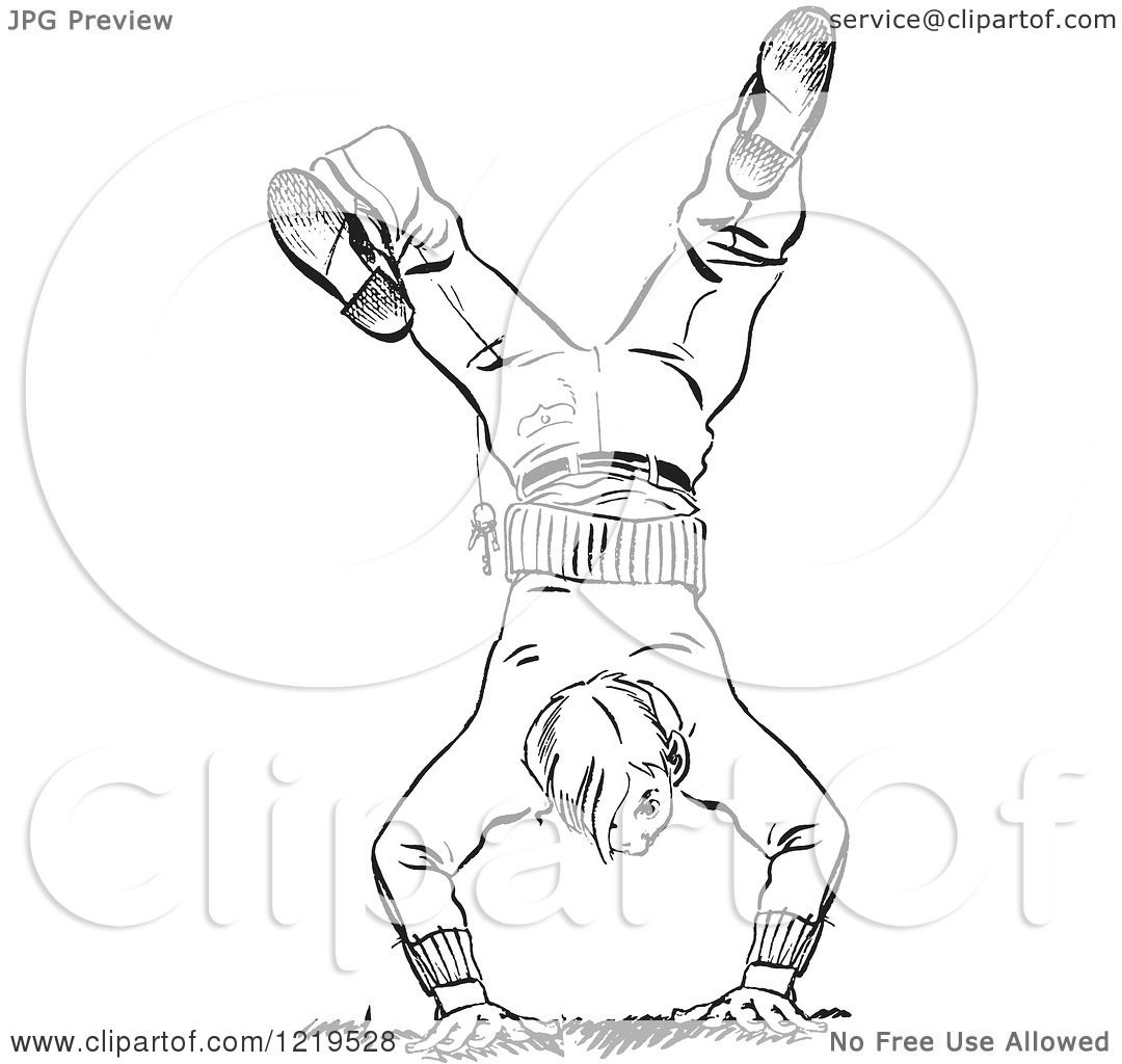Retro Clipart of a Black and White Retro Teenage Boy Break Dancing