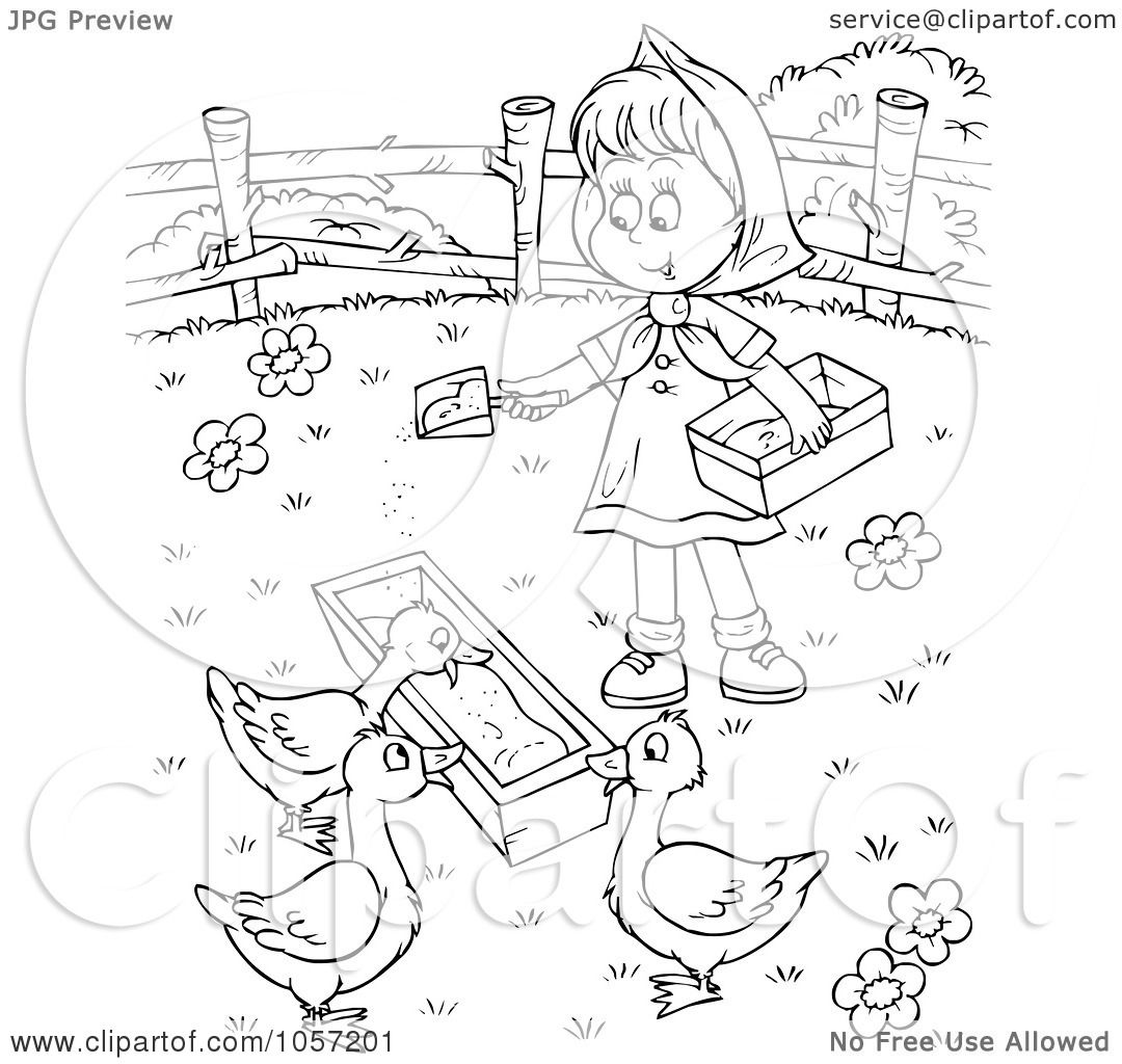 RoyaltyFree Clip Art Illustration of a Coloring Page Outline Of A Farm Girl Feeding Geese by 