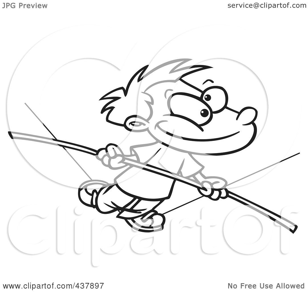 Royalty-Free (RF) Clip Art Illustration of a Black And White Outline Design  Of A Boy Walking On A Tight Rope by toonaday #437897