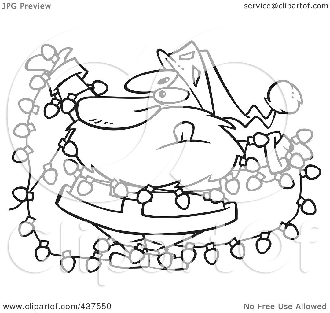 Royalty-Free (RF) Clip Art Illustration of a Black And White Outline Design Of Santa Tangled In ...