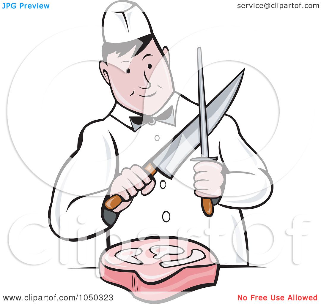 Food Clipart-butcher holding knife with meats hanging in