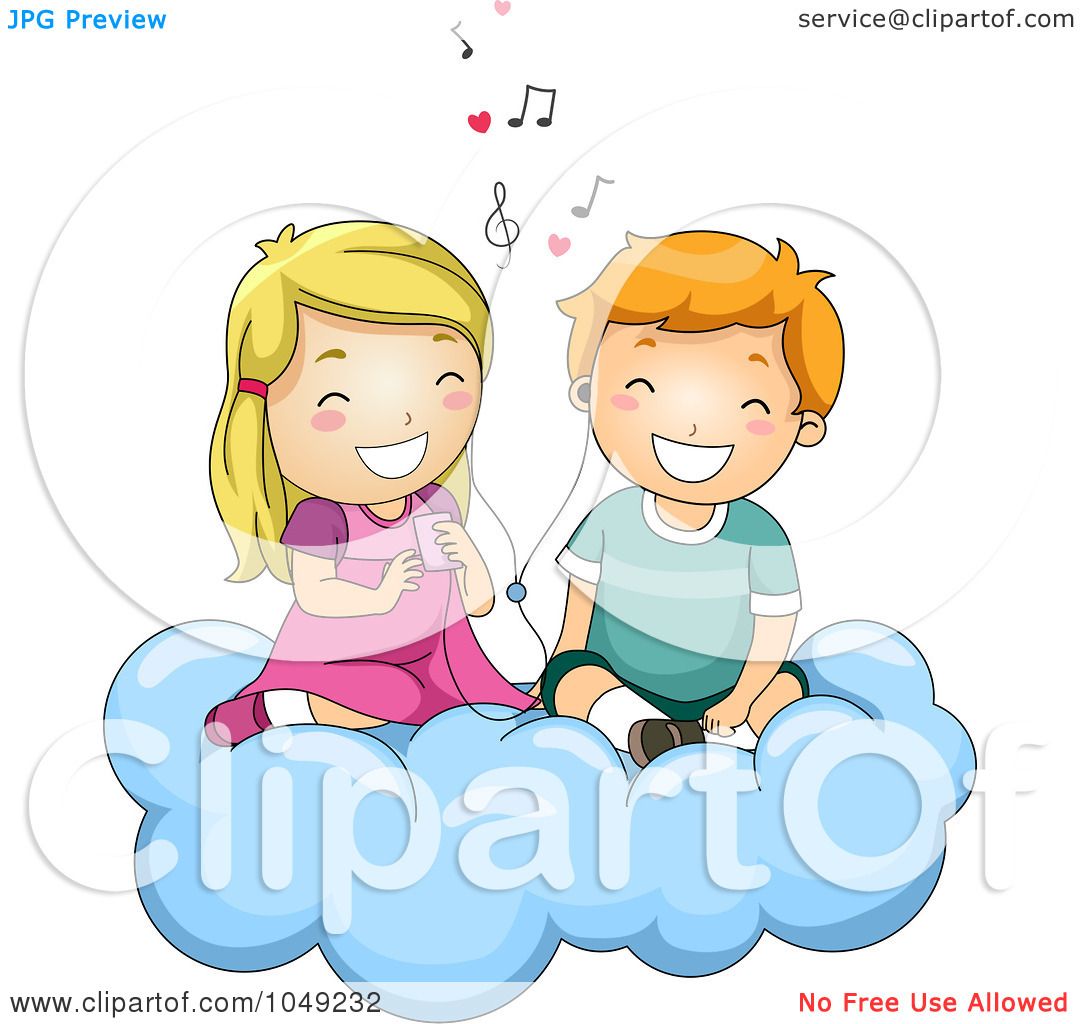 Royalty-Free (RF) Clip Art Illustration of a Valentine Cartoon Couple  Listening To Love Songs On A Cloud by BNP Design Studio #1049232
