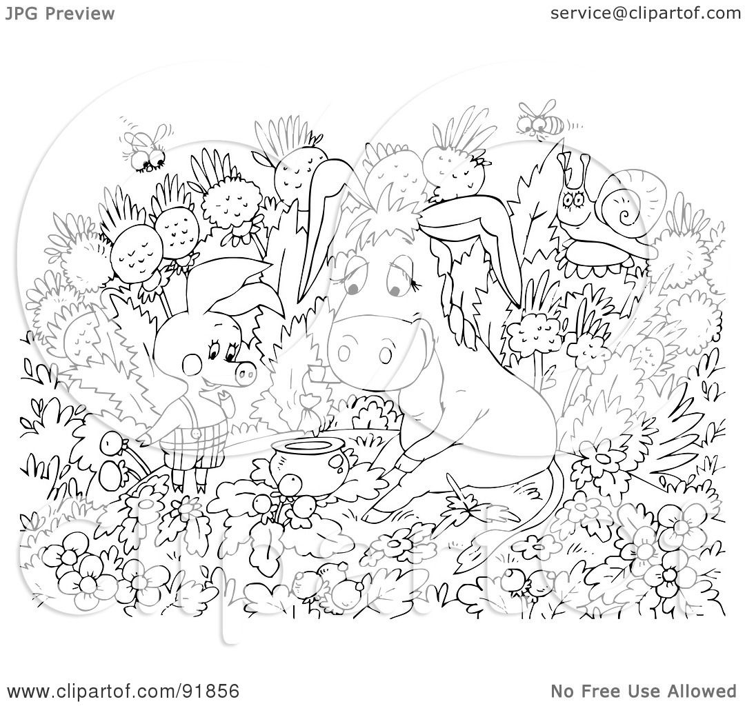 Royalty Free RF Clipart Illustration of a Black And White Pig And Donkey Coloring Page Outline by Alex Bannykh