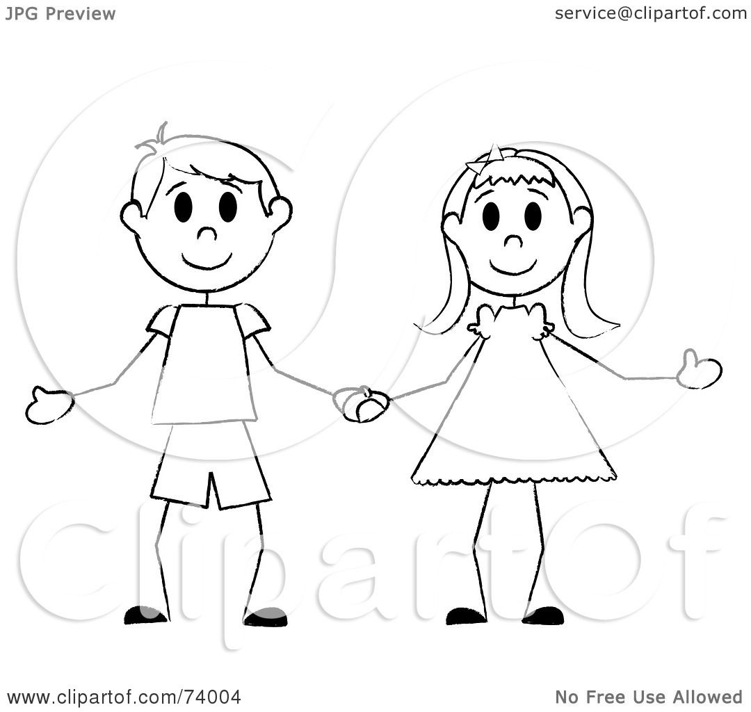 Royalty Free Rf Clipart Illustration Of A Black And White Stick Boy And Girl Holding Hands By Pams Clipart