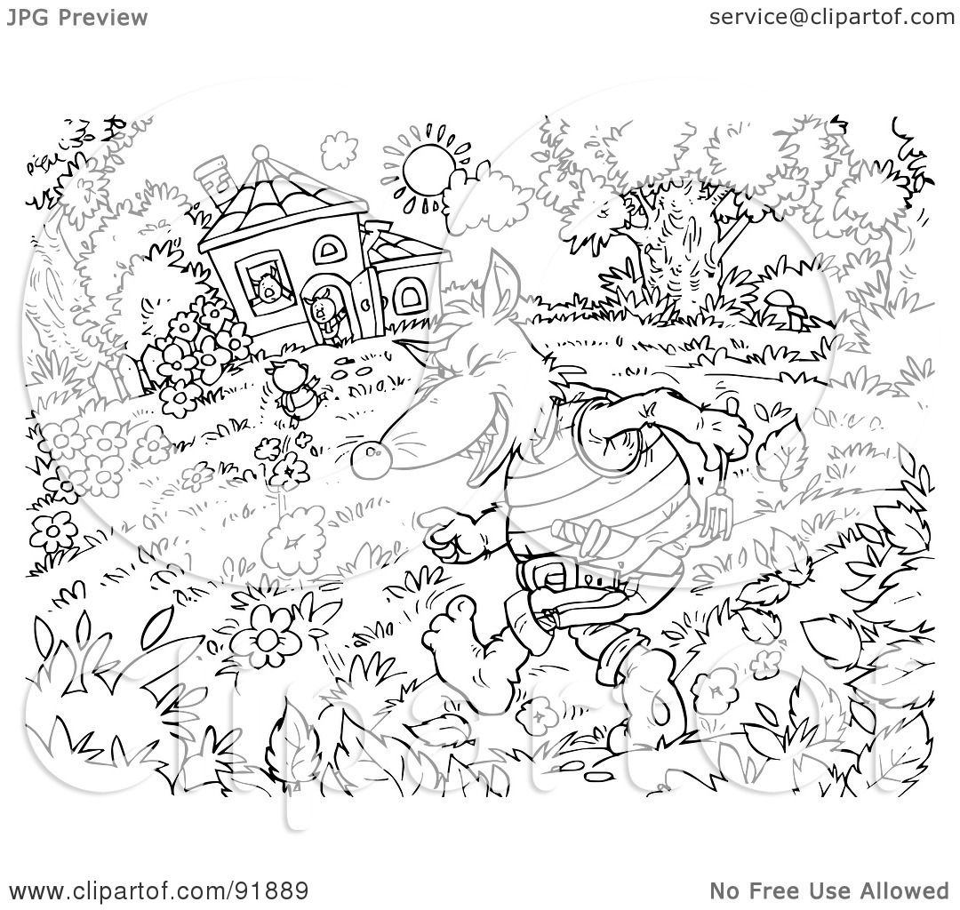 Royalty Free RF Clipart Illustration of a Black And White Three Little Pigs and the Big Bad Wolf Coloring Page Outline 2 by Alex Bannykh