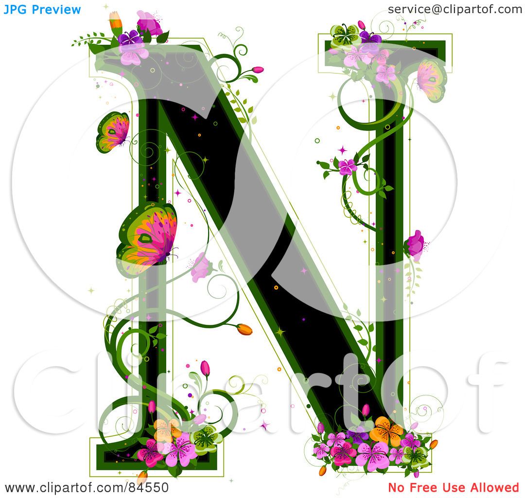 Royalty-Free (RF) Clipart Illustration of a Black Capital Letter N Outlined In Green ...1080 x 1024