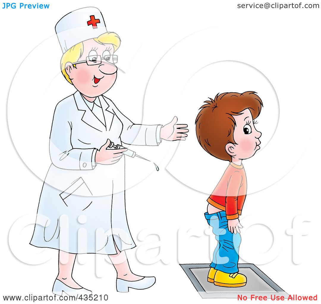 Royalty-Free (RF) Clipart Illustration of a Cartoon Boy Waiting For A Nurse  To Give Him A Shot On The Butt by Alex Bannykh #435210