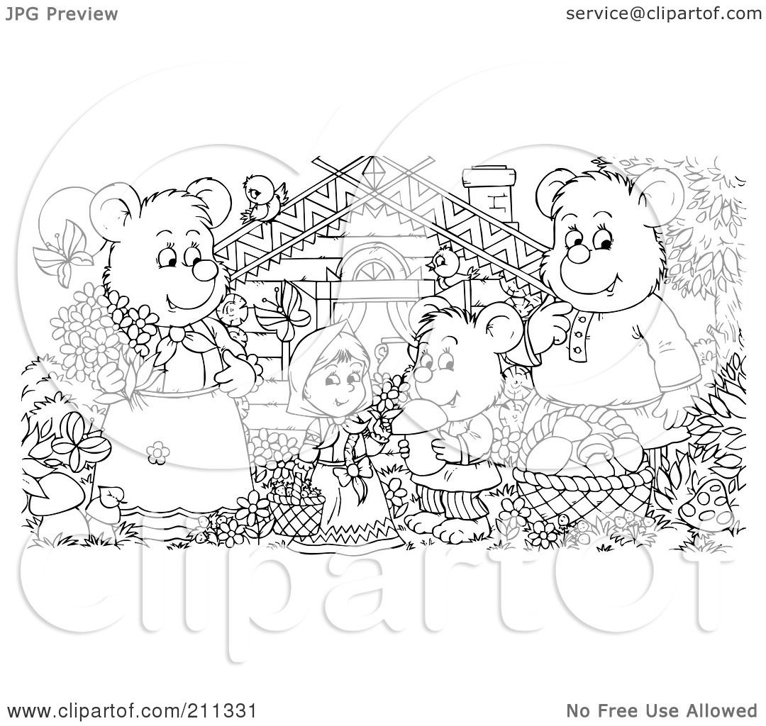 Royalty Free RF Clipart Illustration of a Coloring Page Outline A Bear Family And Goldilocks By A Cabin by Alex Bannykh
