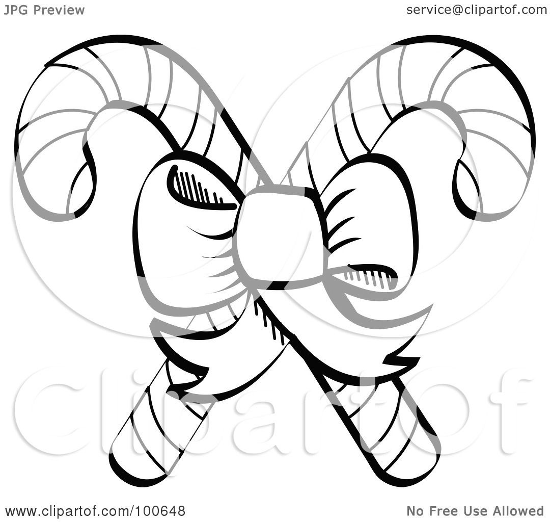 Royalty Free RF Clipart Illustration of a Coloring Page Outline A Bow Tying To her Two Christmas Candy Canes by Andy Nortnik