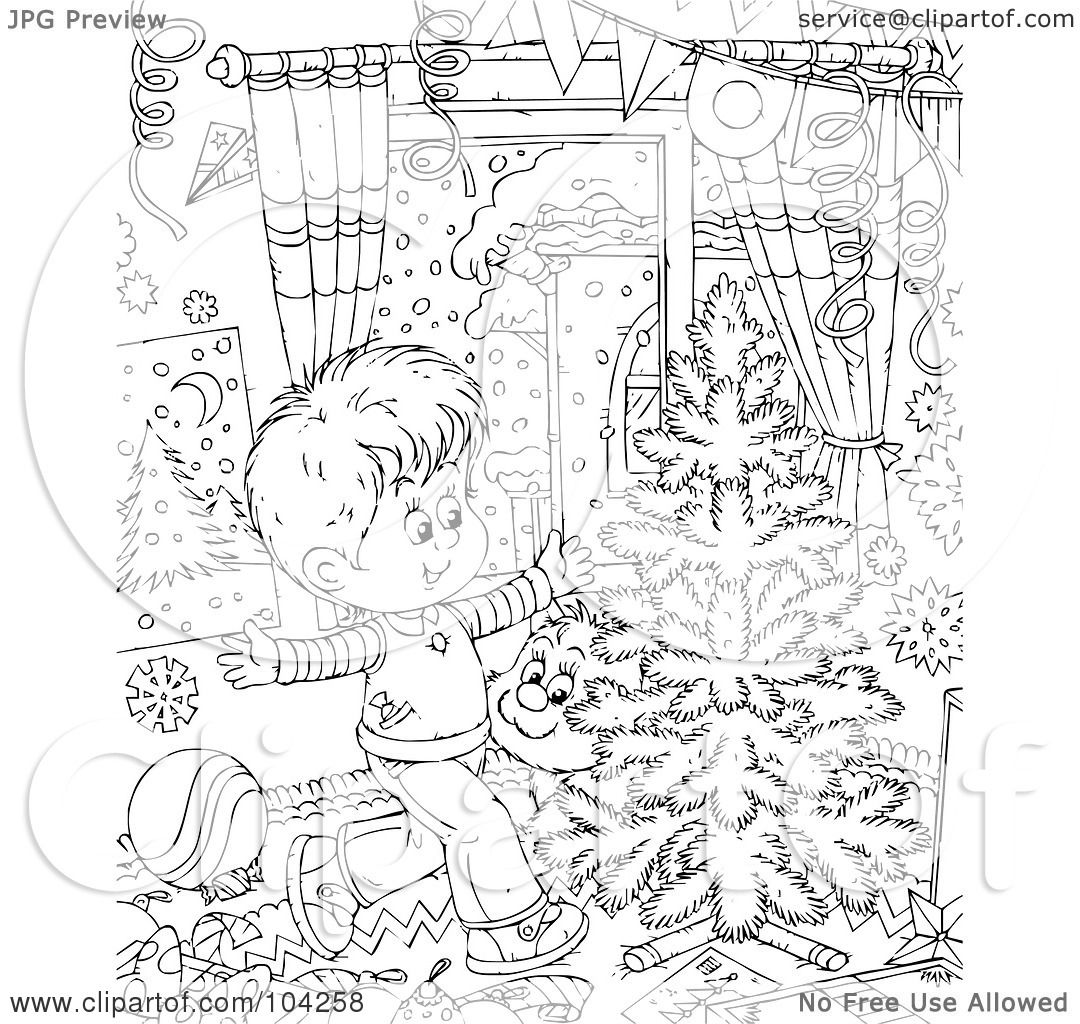 Download Royalty-Free (RF) Clipart Illustration of a Coloring Page Outline Of A Boy And Cat Indoors By A ...