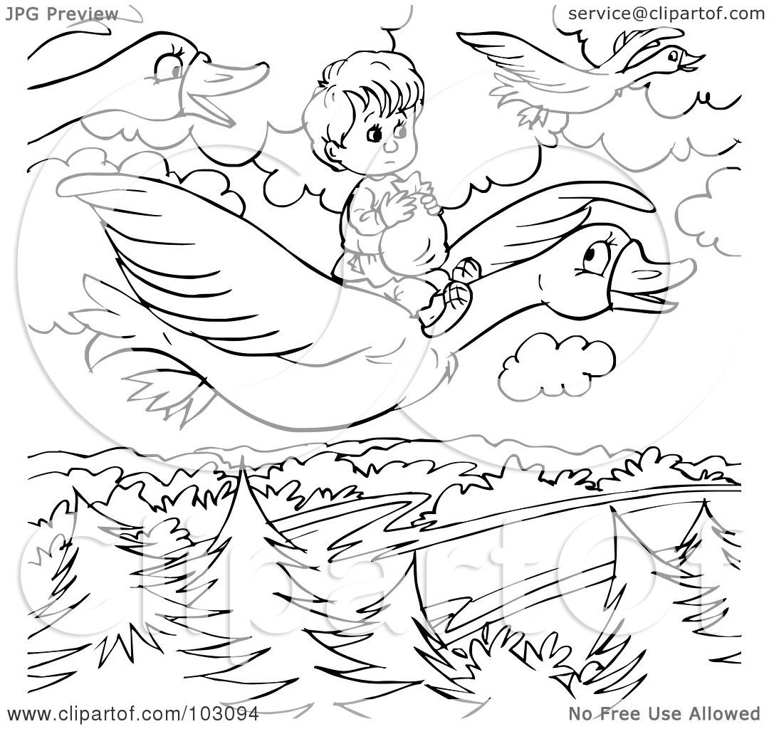 Download Royalty-Free (RF) Clipart Illustration of a Coloring Page Outline Of A Boy Flying On A Goose by ...