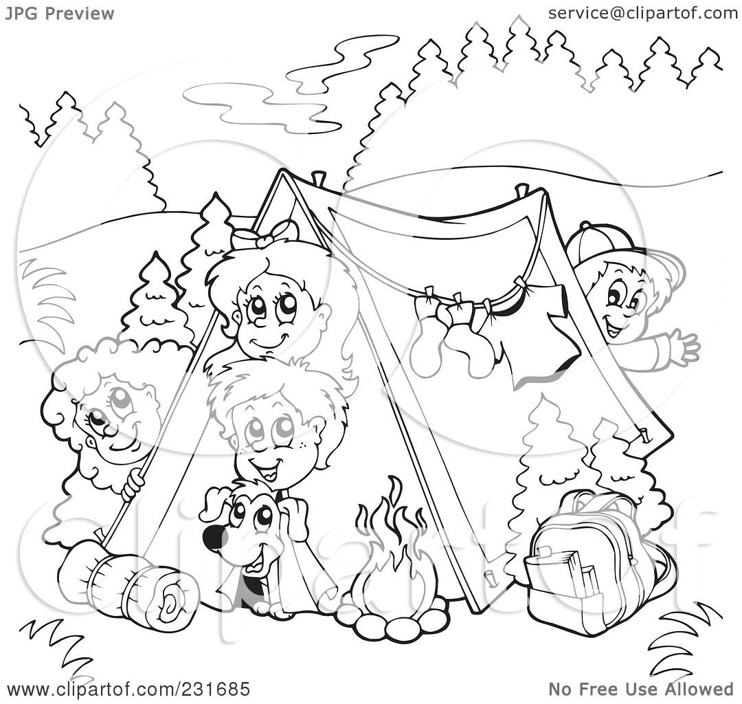 Royalty Free RF Clipart Illustration of a Coloring Page Outline A Group Camping Kids by visekart