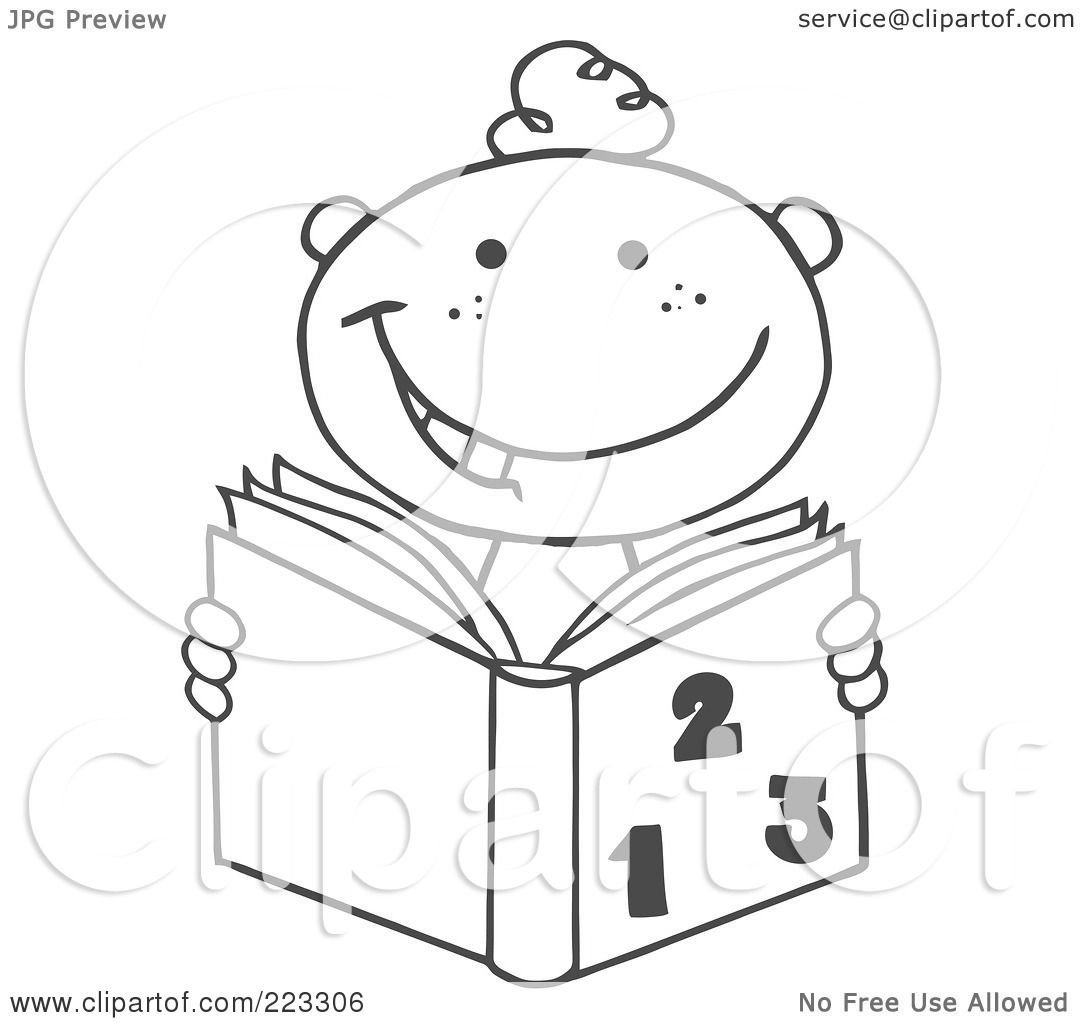 Royalty Free RF Clipart Illustration of a Coloring Page Outline A School Boy Reading A Math Book by Hit Toon