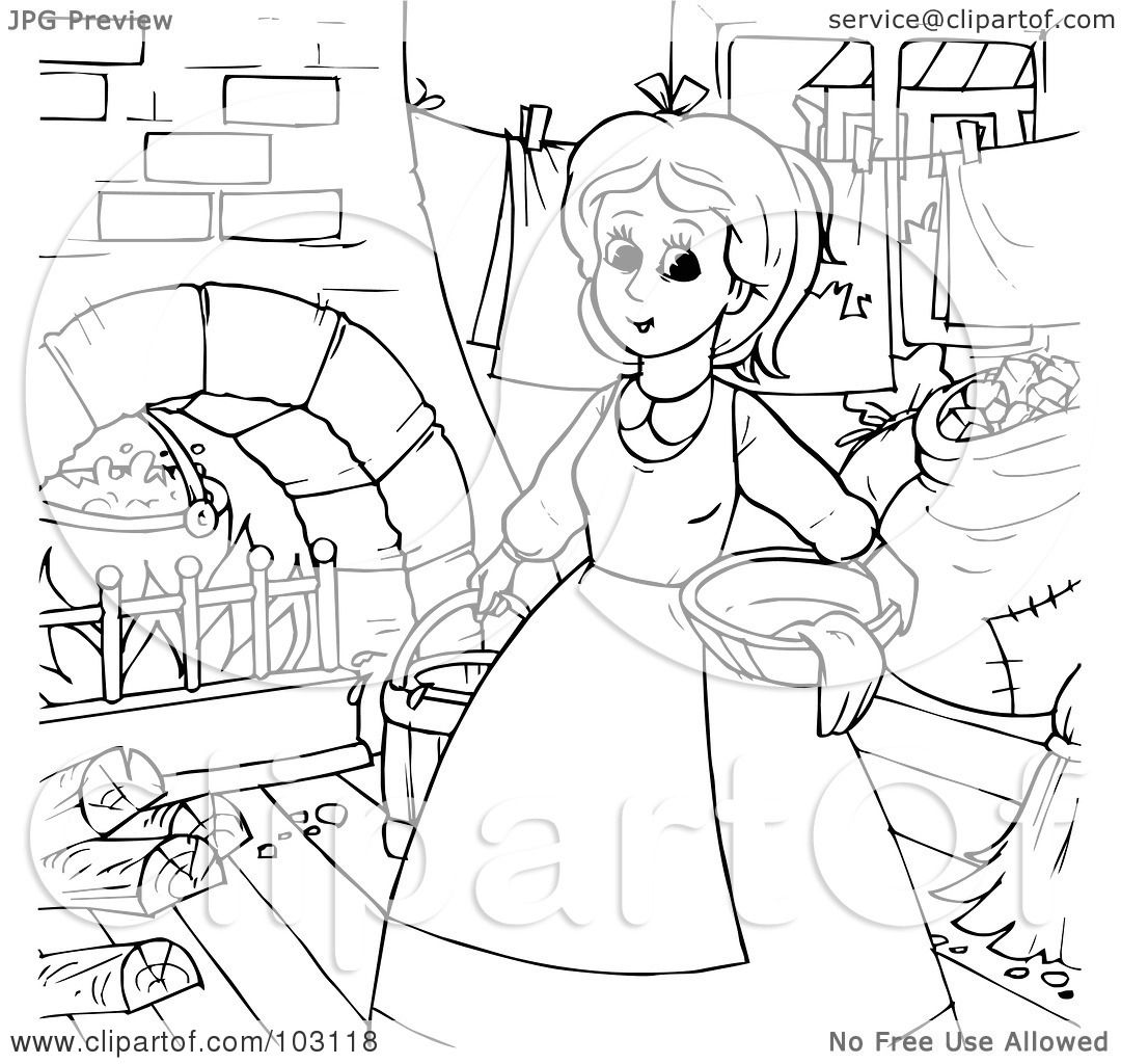Royalty Free RF Clipart Illustration of a Coloring Page Outline Cinderella Doing Chores by Alex Bannykh