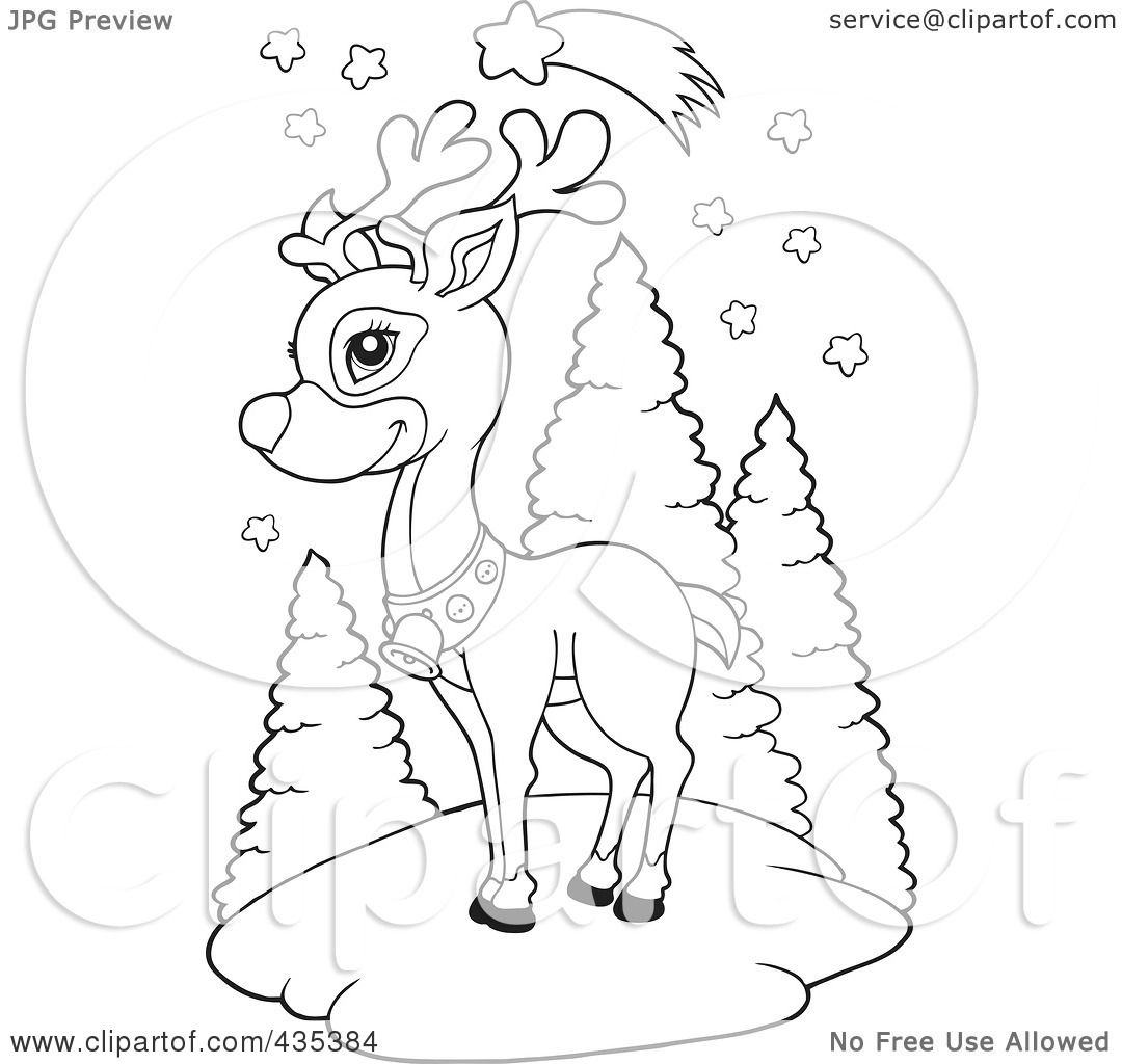 Royalty Free RF Clipart Illustration of a Coloring Page Outline Rudolph The Red Nose Reindeer Under A Shooting Star by visekart