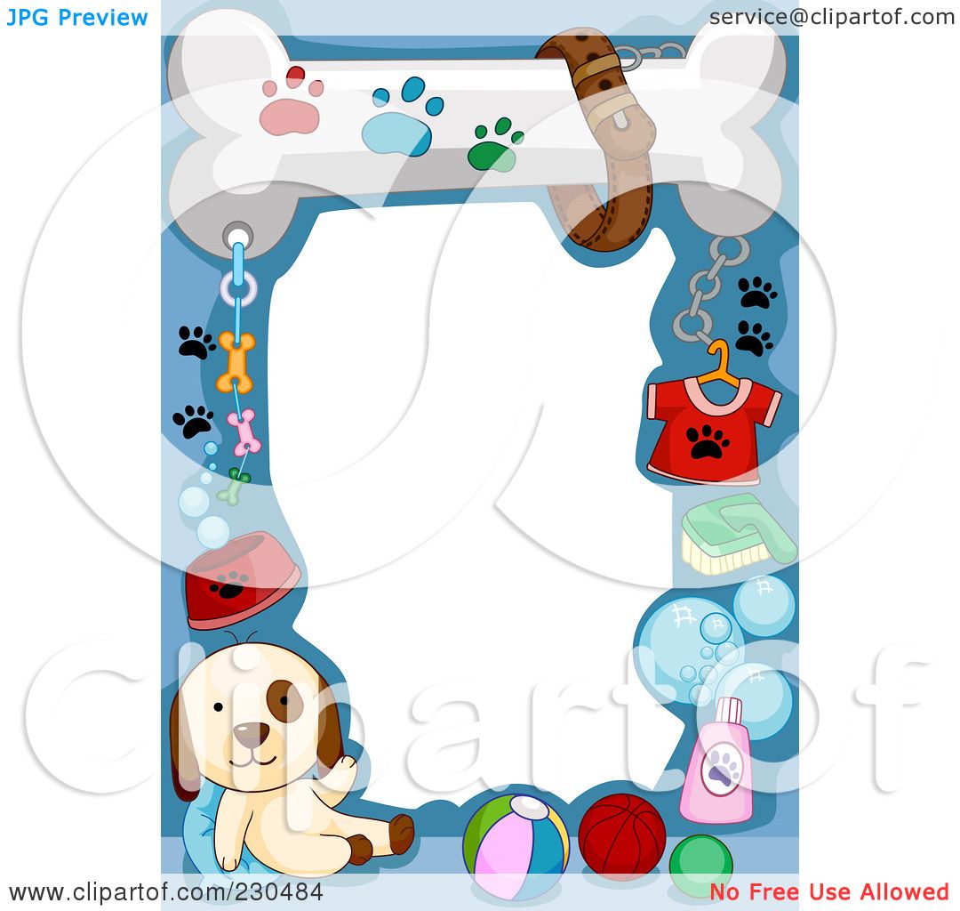 Royalty-Free (RF) Clipart Illustration of a Cute Animal Border Of A Puppy  And Dog Supplies On Blue Around White Space by BNP Design Studio #230484
