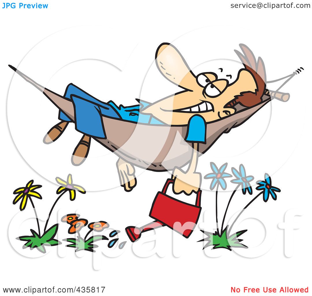 Royalty Free RF Clipart Illustration Of A Happy Man Relaxing In A Hammock And Watering His Flowers 1024435817
