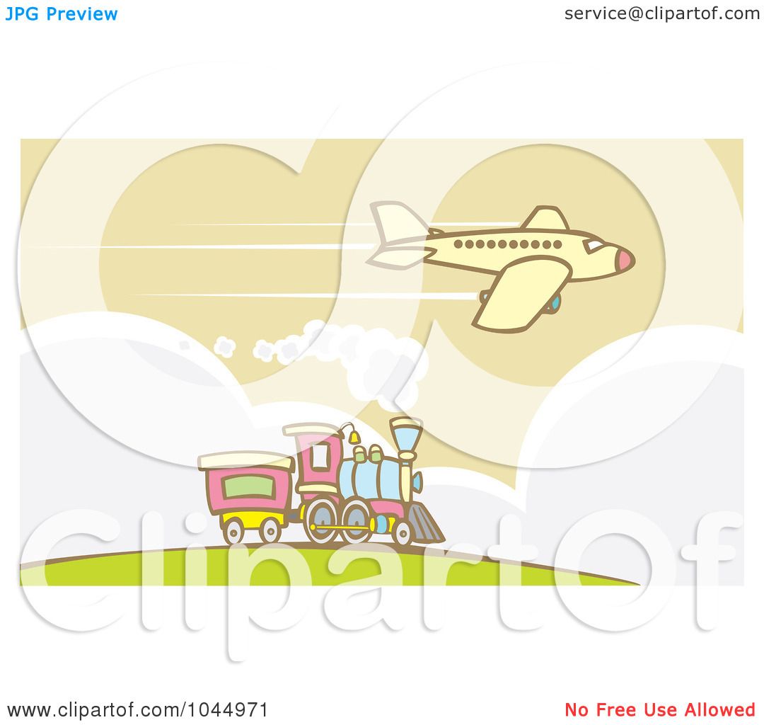Royalty-Free (RF) Clipart Illustration of a Plane Flying Over A Train by xunantunich #1044971