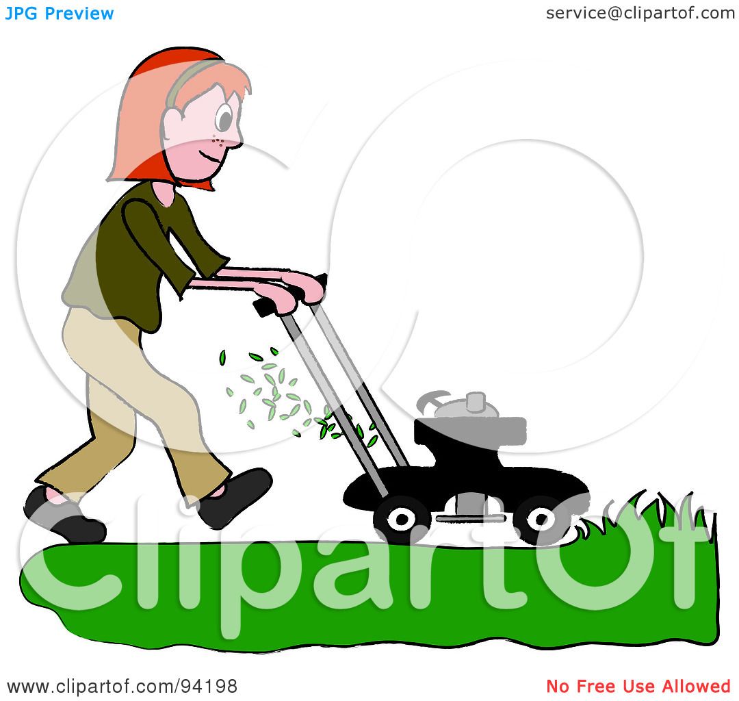 Royalty-Free (RF) Clipart Illustration of a Red Haired Girl Mowing A ...