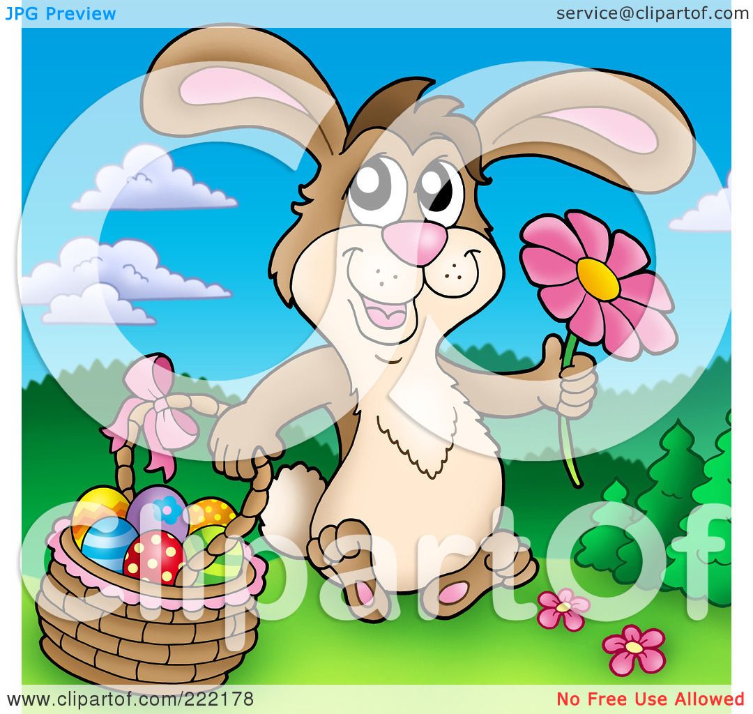 Royalty Free Rf Clipart Illustration Of An Easter Bunny Holding A Flower And Sitting By A