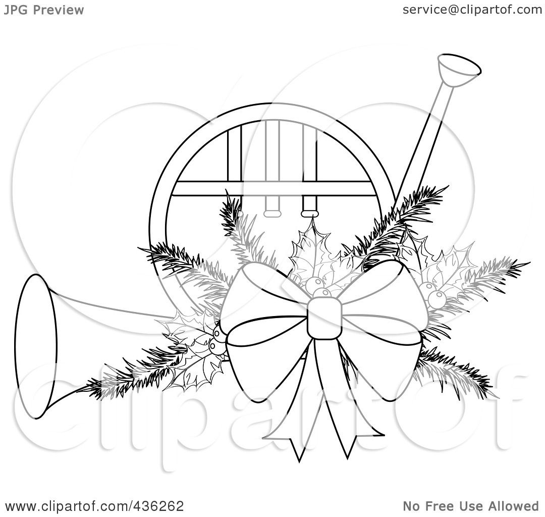 RoyaltyFree RF Clipart Illustration of an Outlined Christmas French Horn With Holly And A Bow 