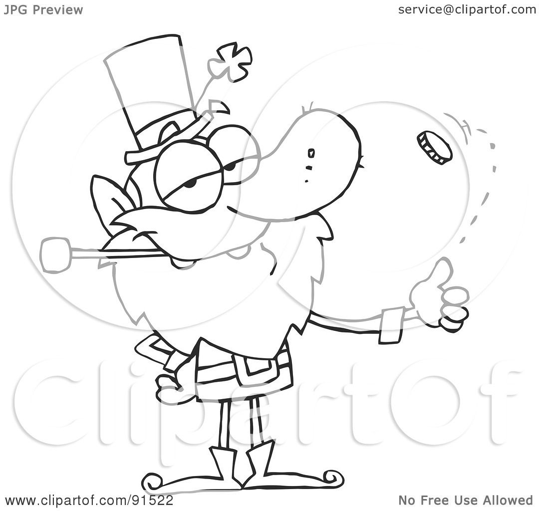 Download Royalty-Free (RF) Clipart Illustration of an Outlined Leprechaun Flipping A Coin by Hit Toon #91522