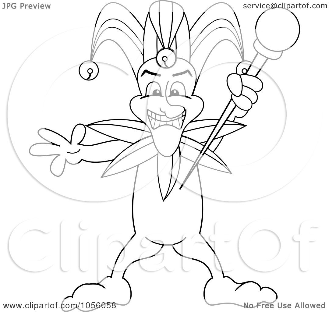 Royalty Free Vector Clip Art Illustration of a Coloring Page Outline A Mardi Gras Jester Holding A Staff by Pams Clipart
