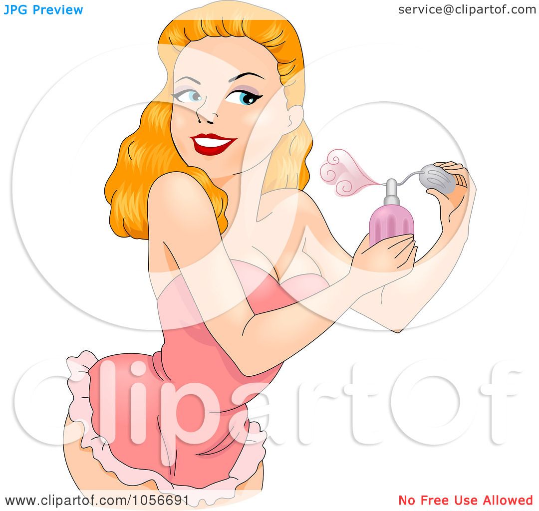 Royalty Free Vector Clip Art Illustration Of A Sexy Pinup Woman Spritzing Perfume On Herself By