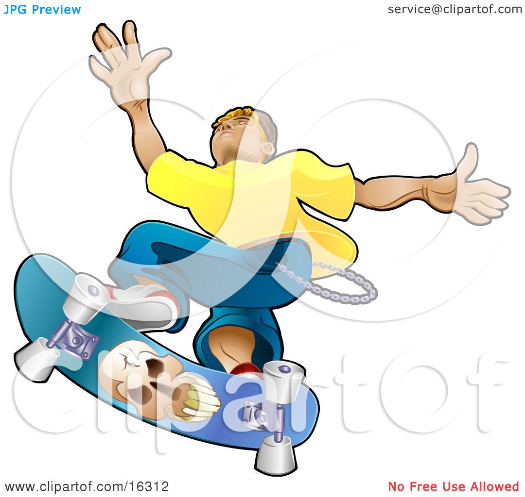 Teenage Caucasian Skater Boy Catching Air On A Blue Skateboard With A ...