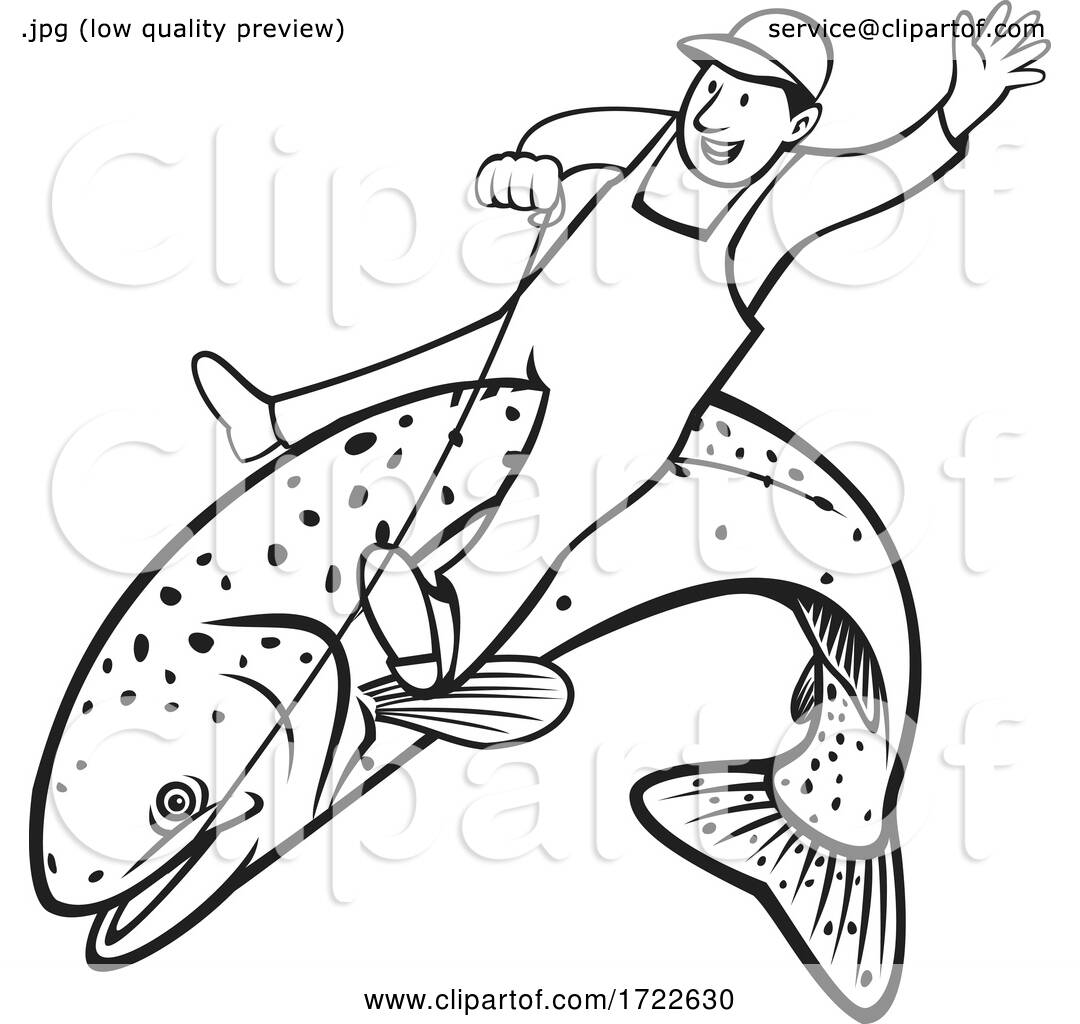 Trout Fisherman Riding Steelhead or Rainbow Trout Retro Stencil Black and  White by patrimonio #1722630