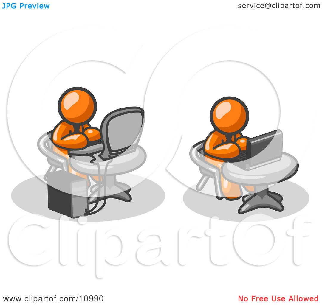 Two Orange Men, Employees, Working on Computers in an ...