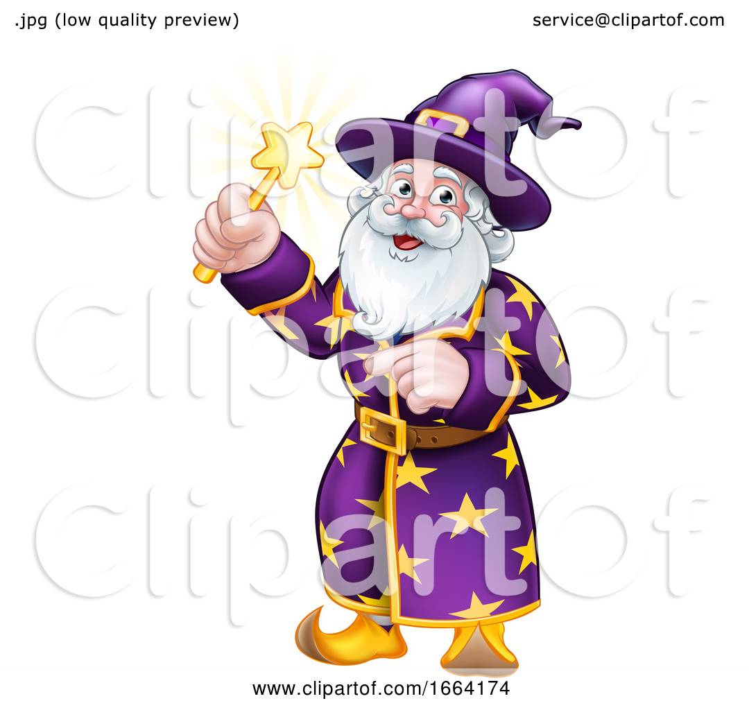 Wizard with Wand Pointing Cartoon Character by AtStockIllustration #1664174
