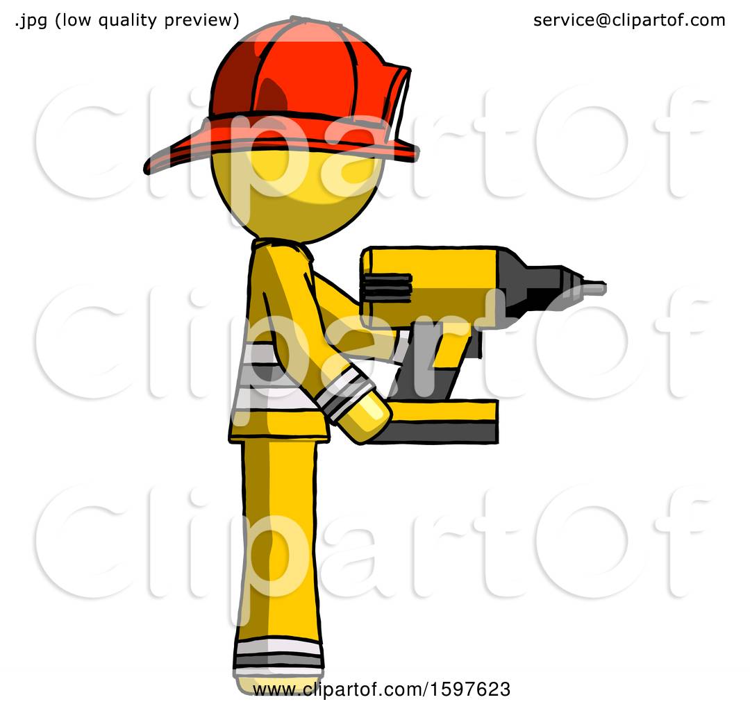 Yellow Firefighter Fireman Man Using Drill Drilling