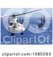 AS 332 Super Puma Helicopter Passing Above A Destroyer And Firgate Free Stock Photography
