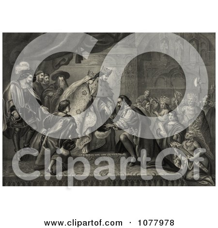 Christopher Columbus Kneeling In Front Of King Ferdinand And Queen Isabella Of Spain As Natives And Other People Watch During A Reception After His First Return From America - Royalty Free Historical Clip Art  by JVPD