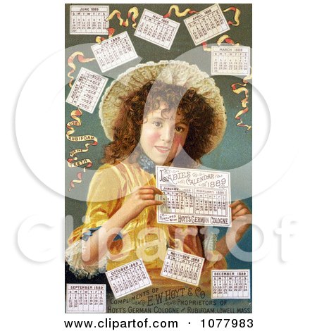 Curly Haired Girl Surrounded by Calendars in 1889 - Royalty Free Historical Clip Art  by JVPD