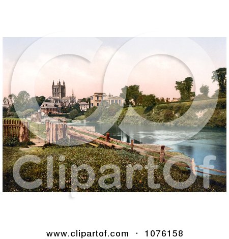Fence and Gate on the River Wye Near Buildings and the Hereford Cathedral in Hereford West Midlands England UK - Royalty Free Stock Photography  by JVPD