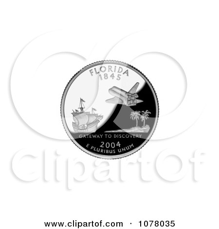 Galleon Sailing Ship, Palm Trees and Shuttle on the Florida State Quarter - Royalty Free Stock Photography by JVPD