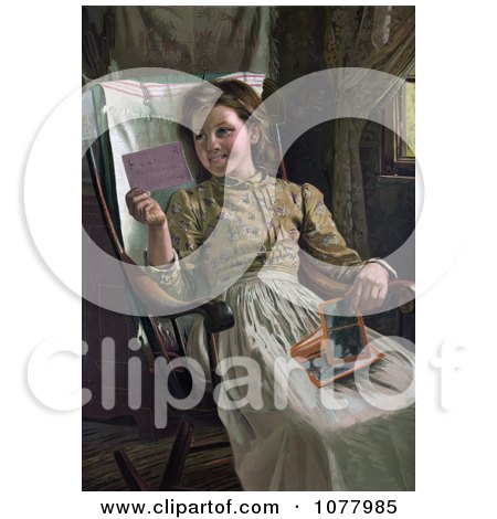 Happy Girl Sitting in a Rocking Chair and Looking at Photographs - Royalty Free Historical Clip Art  by JVPD