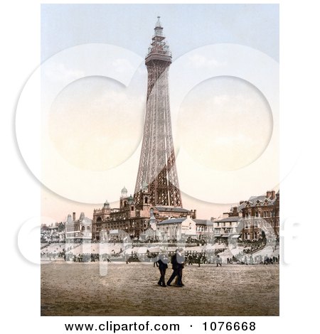 Historical People Strolling on the Beach Near the Blackpool Tower in Blackpool, Lancashire, England - Royalty Free Stock Photography  by JVPD