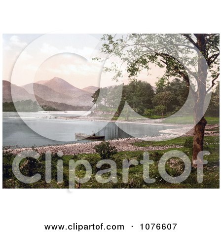 Historical Person in a Boat on Derwent Water, Broomhill Point, Lake District, England - Royalty Free Stock Photography  by JVPD