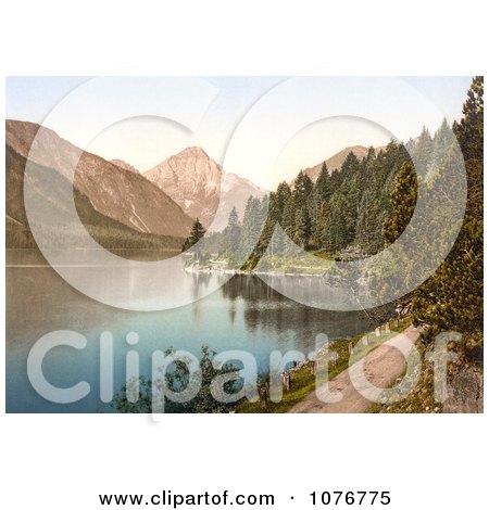 Historical Photochrome Dirt Road and Forest on the Shore Plansee Lake in Tyrol, Austria - Royalty Free Stock Photography  by JVPD
