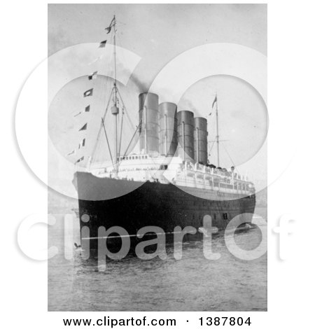 Historical Photograph of the Bow and Portside of the RMS Lusitania in a Harbor, Many Different Flags Along a Rope, Between 1908 and 1914 by JVPD